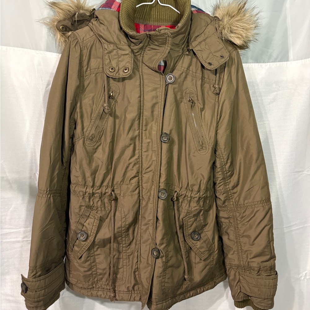American Eagle Outfitters Olive Utility Hooded Parka with Faux Fur Trim